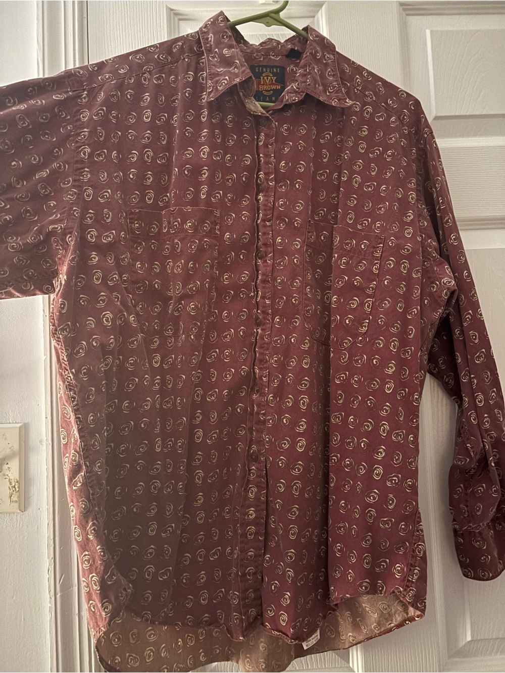 Womens Maroon Printed Button-Down Shirt With Cream Colored Roses